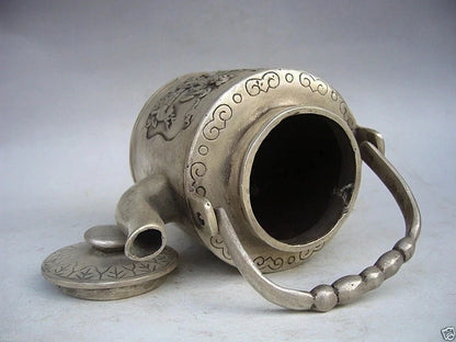 Home Decor metal crafts Fairy Statue Old Tibet Silver Carved Portable teapot flagon