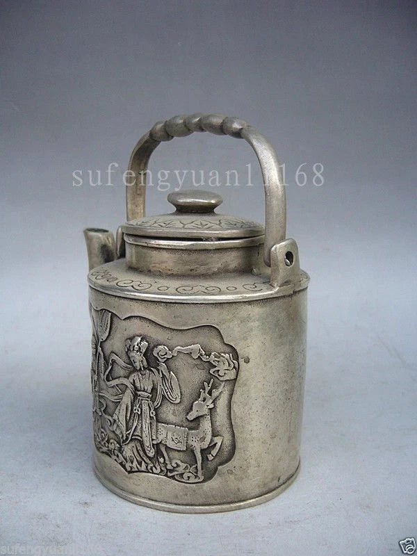 Home Decor metal crafts Fairy Statue Old Tibet Silver Carved Portable teapot flagon