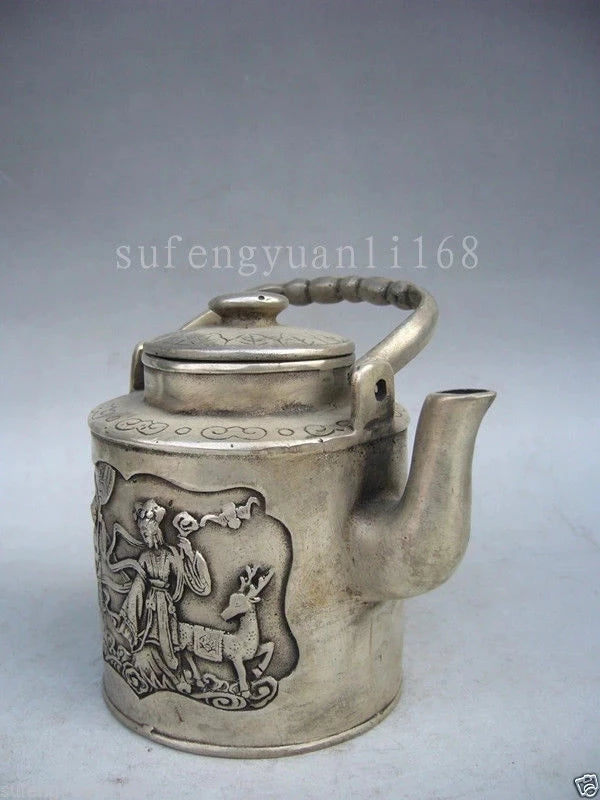 Home Decor metal crafts Fairy Statue Old Tibet Silver Carved Portable teapot flagon