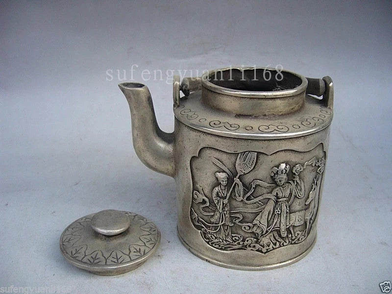 Home Decor metal crafts Fairy Statue Old Tibet Silver Carved Portable teapot flagon