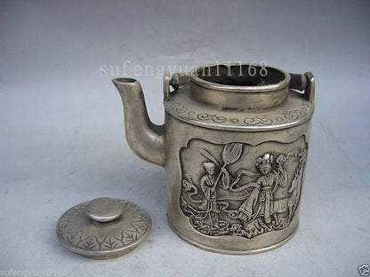 Home Decor metal crafts Fairy Statue Old Tibet Silver Carved Portable teapot flagon