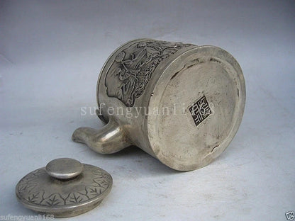 Home Decor metal crafts Fairy Statue Old Tibet Silver Carved Portable teapot flagon