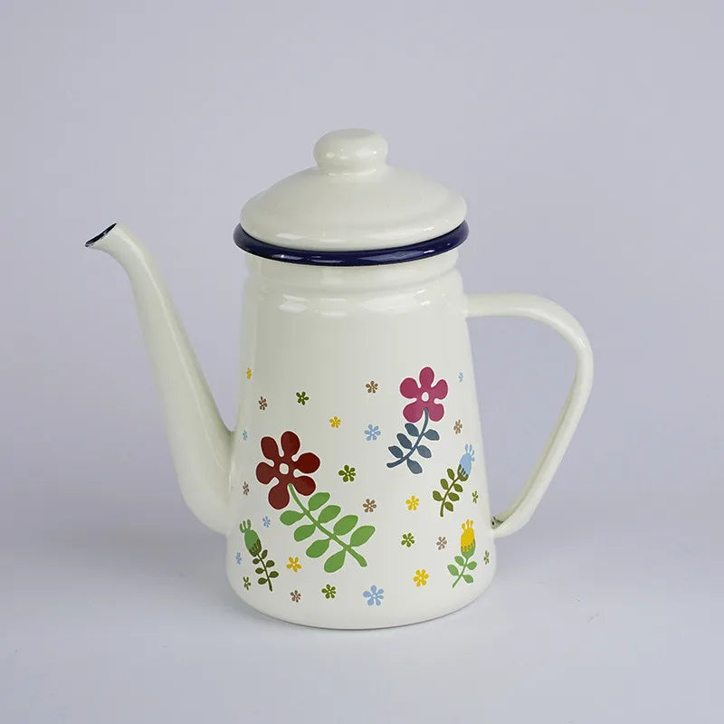 Home Kitchen Supplies Coffee Maker Enamel Teapot White Coffee Pot 1.1L