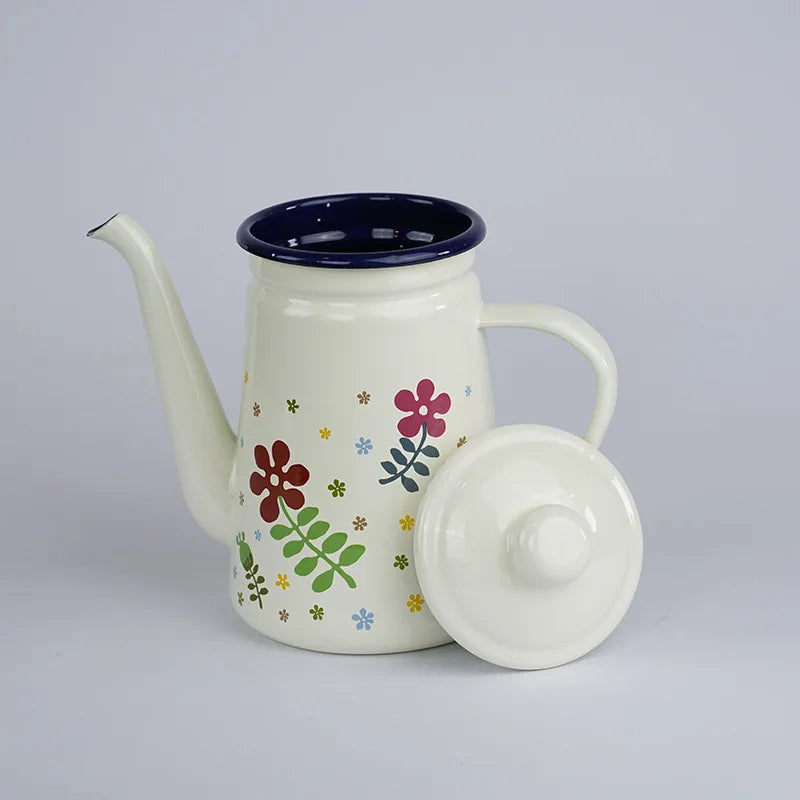 Home Kitchen Supplies Coffee Maker Enamel Teapot White Coffee Pot 1.1L