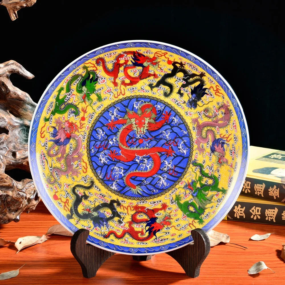 Home living room TOP talisman # Exorcise evil spirits royal Flying dragon FENG SHUI porcelain plate  BEST business present