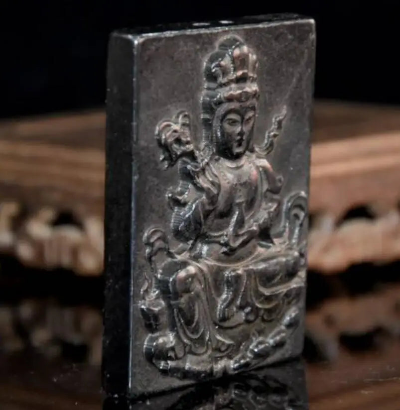 Hongshan culture archaize black iron meteorite Guanyin Buddha amulet statue