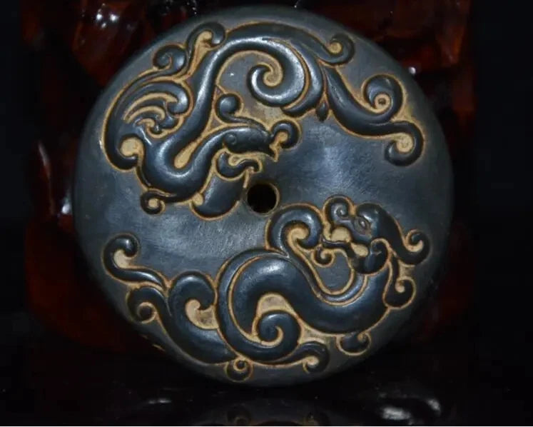 Hongshan culture archaize black iron meteorite sculpture Dragon phoenix bi statue