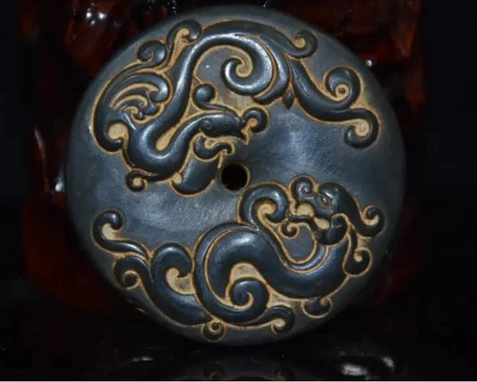 Hongshan culture archaize black iron meteorite sculpture Dragon phoenix bi statue