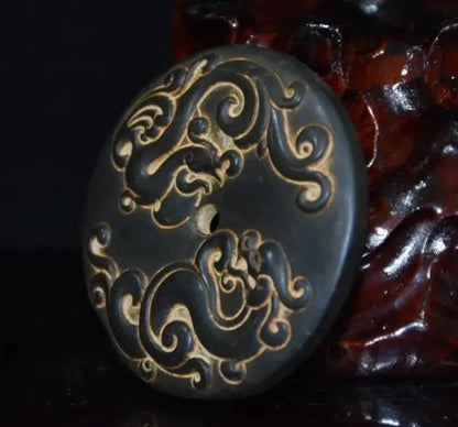 Hongshan culture archaize black iron meteorite sculpture Dragon phoenix bi statue