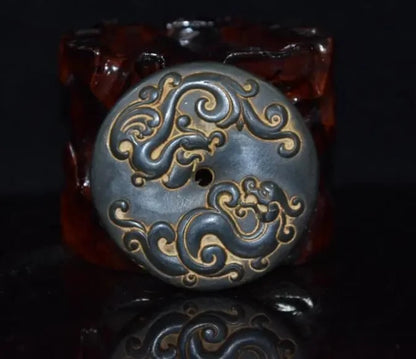 Hongshan culture archaize black iron meteorite sculpture Dragon phoenix bi statue