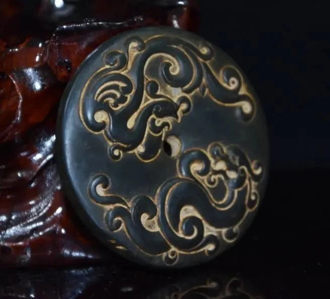 Hongshan culture archaize black iron meteorite sculpture Dragon phoenix bi statue