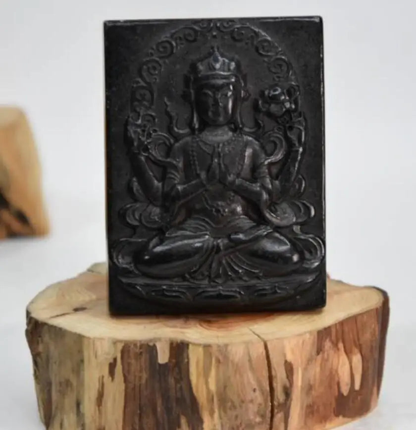 Hongshan culture archaize black iron meteorite sculpture Four arm Guanyin amulet pendant