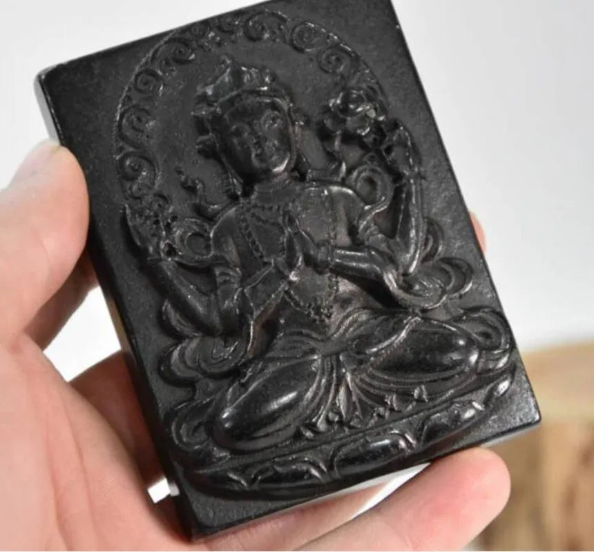Hongshan culture archaize black iron meteorite sculpture Four arm Guanyin amulet pendant