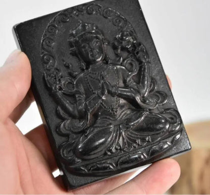 Hongshan culture archaize black iron meteorite sculpture Four arm Guanyin amulet pendant