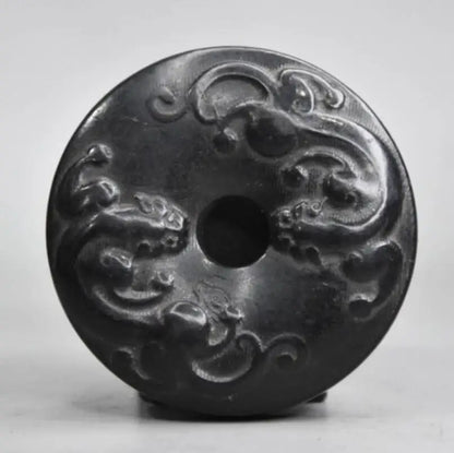 Hongshan culture archaize black iron meteorite sculpture double dragon bi statue