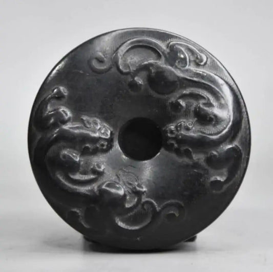Hongshan culture archaize black iron meteorite sculpture double dragon bi statue