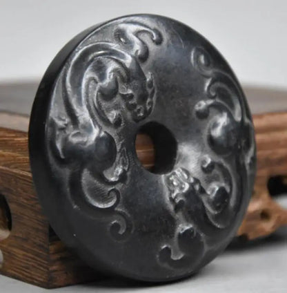 Hongshan culture archaize black iron meteorite sculpture double dragon bi statue