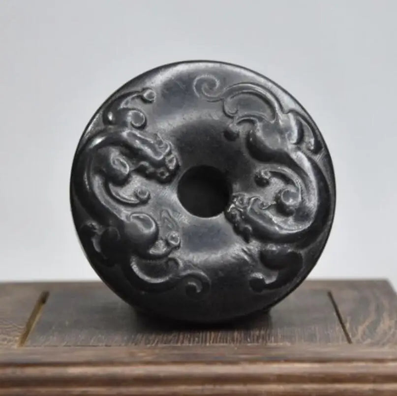 Hongshan culture archaize black iron meteorite sculpture double dragon bi statue
