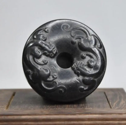 Hongshan culture archaize black iron meteorite sculpture double dragon bi statue