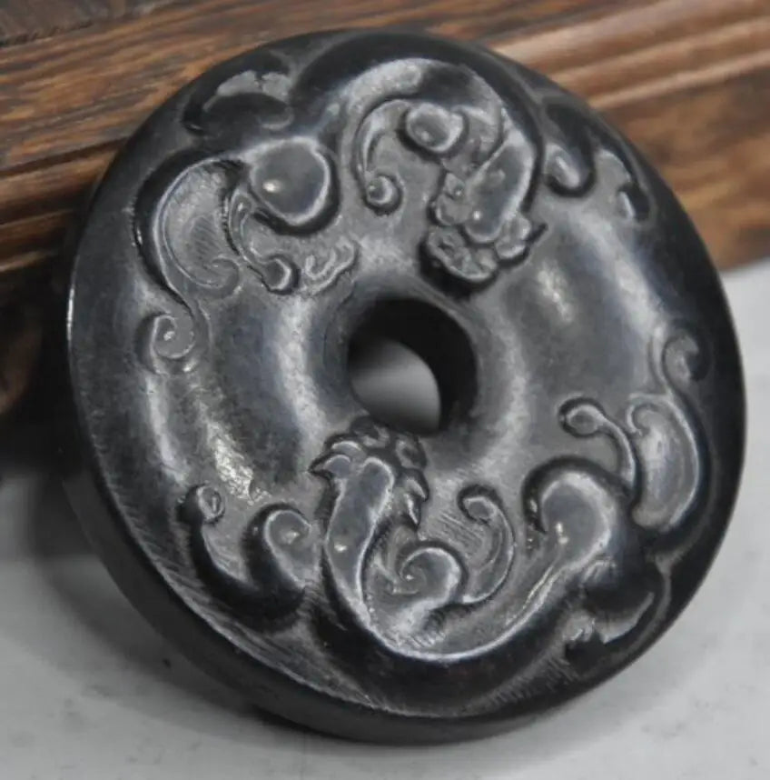 Hongshan culture archaize black iron meteorite sculpture double dragon bi statue