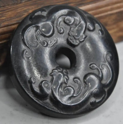 Hongshan culture archaize black iron meteorite sculpture double dragon bi statue