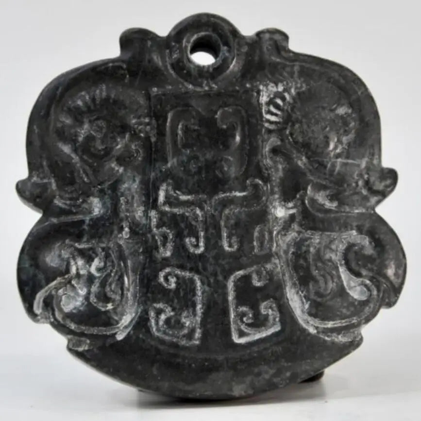 Hongshan culture archaize black iron meteorite sculpture maid bi pendant statue