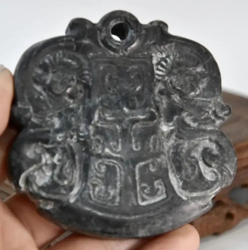 Hongshan culture archaize black iron meteorite sculpture maid bi pendant statue