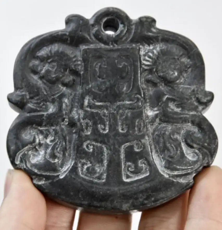 Hongshan culture archaize black iron meteorite sculpture maid bi pendant statue