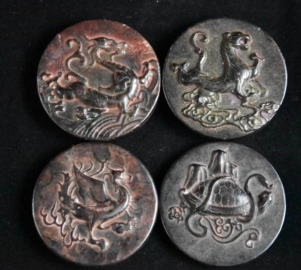 Hongshan culture archaize black iron meteorite sculpture set of Round Four Great Beasts bi statue