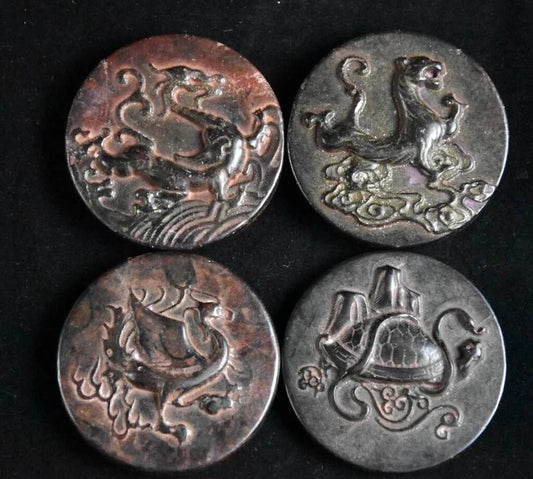 Hongshan culture archaize black iron meteorite sculpture set of Round Four Great Beasts bi statue