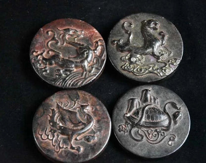 Hongshan culture archaize black iron meteorite sculpture set of Round Four Great Beasts bi statue
