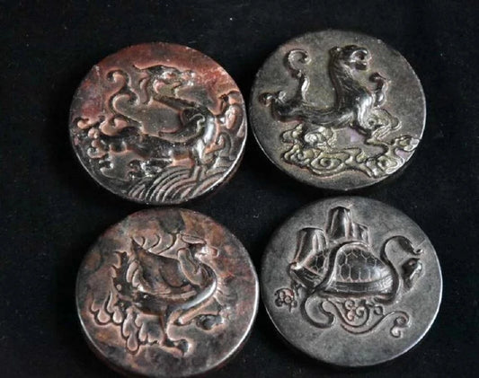 Hongshan culture archaize black iron meteorite sculpture set of Round Four Great Beasts bi statue
