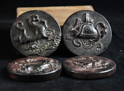 Hongshan culture archaize black iron meteorite sculpture set of Round Four Great Beasts bi statue