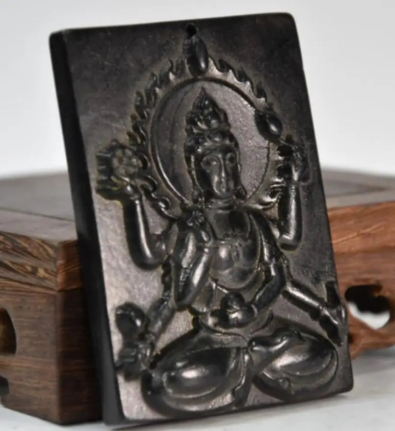 Hongshan culture archaize black iron meteorite sculpture thousand hand Goddess of mercy statue