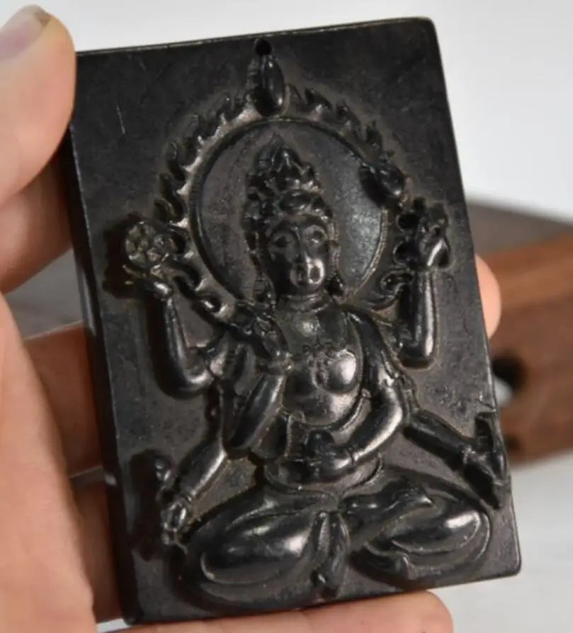 Hongshan culture archaize black iron meteorite sculpture thousand hand Goddess of mercy statue