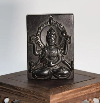 Hongshan culture archaize black iron meteorite sculpture thousand hand Goddess of mercy statue