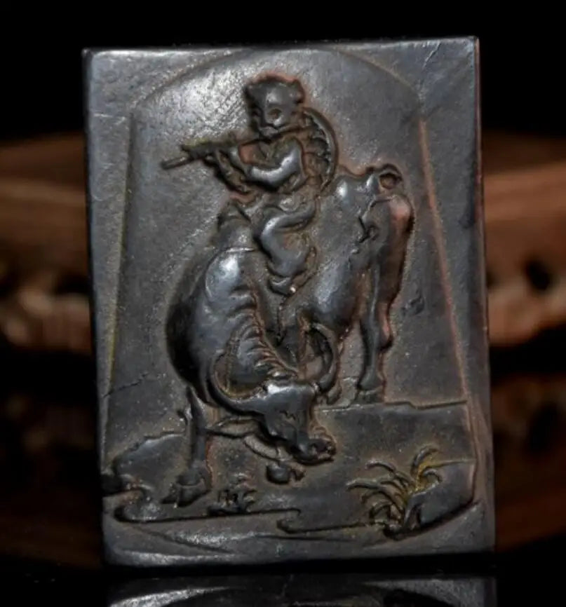 Hongshan culture archaize black iron meteorite shepherd boy Riding cow statue