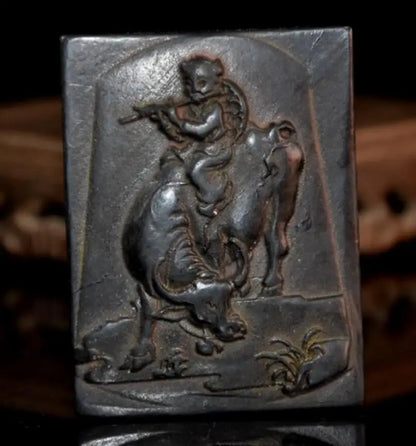 Hongshan culture archaize black iron meteorite shepherd boy Riding cow statue