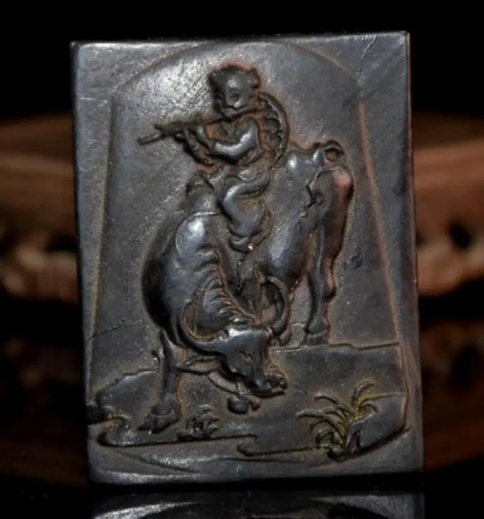 Hongshan culture archaize black iron meteorite shepherd boy Riding cow statue