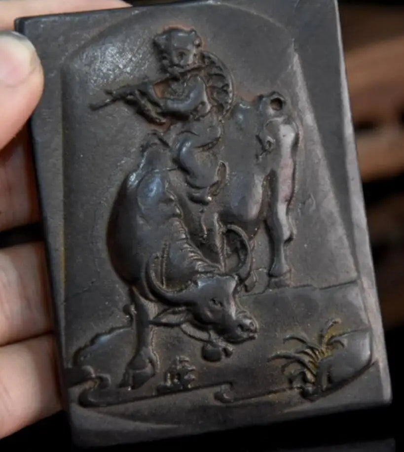 Hongshan culture archaize black iron meteorite shepherd boy Riding cow statue