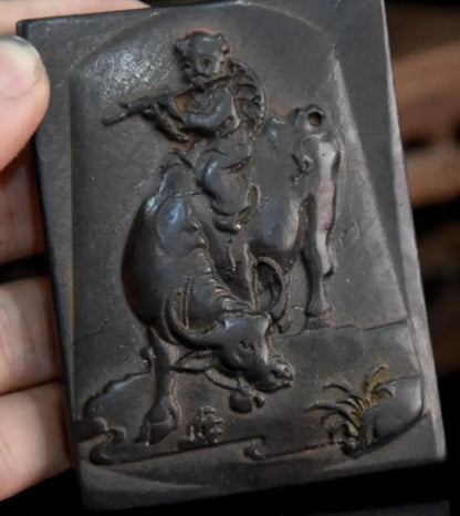 Hongshan culture archaize black iron meteorite shepherd boy Riding cow statue