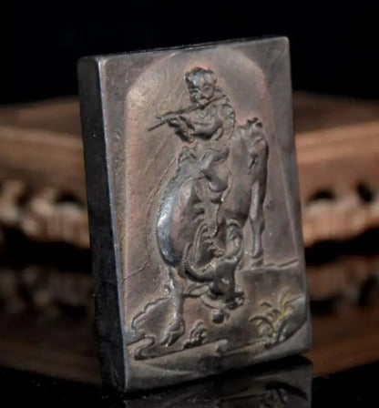 Hongshan culture archaize black iron meteorite shepherd boy Riding cow statue
