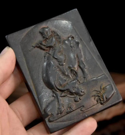 Hongshan culture archaize black iron meteorite shepherd boy Riding cow statue