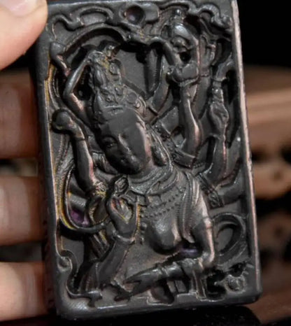 Hongshan culture archaize black iron meteorite thousand hand Guanyin amulet statue