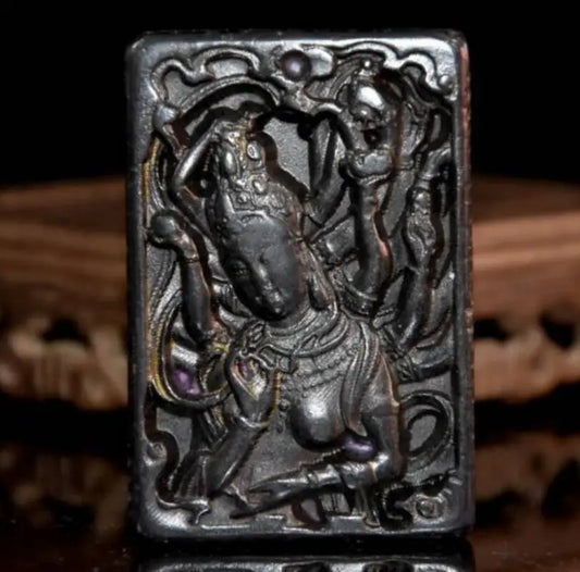 Hongshan culture archaize black iron meteorite thousand hand Guanyin amulet statue