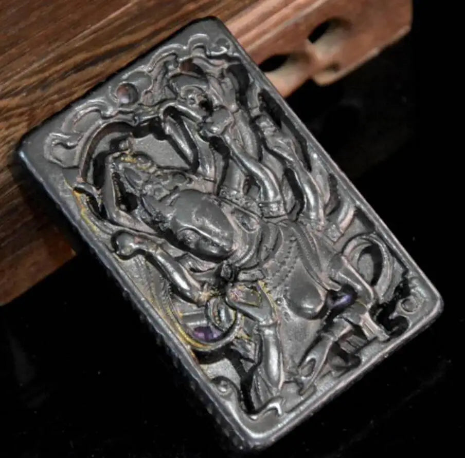 Hongshan culture archaize black iron meteorite thousand hand Guanyin amulet statue