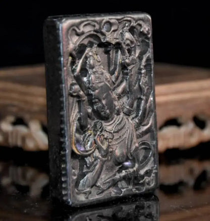 Hongshan culture archaize black iron meteorite thousand hand Guanyin amulet statue
