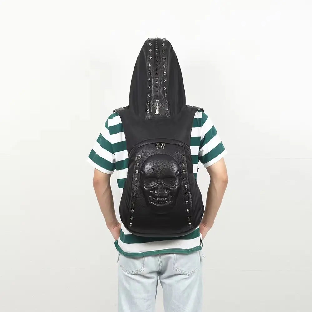 Hooded Backpack Halloween Skull Punk Rivet Bag PU Leather Bag Embossed 3D Skull Backpacks with Hood Cap