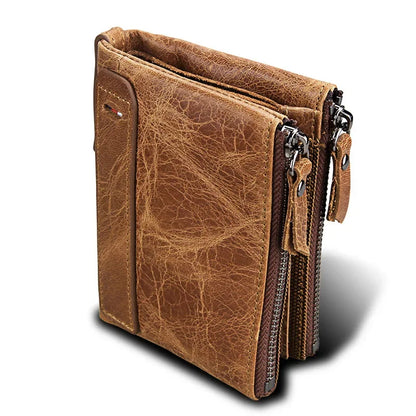 Hot Sale Crazy Horse Cowhide RFID Anti-theft Genuine Leather Short Men's Wallet Double Zipper Coin Purse
