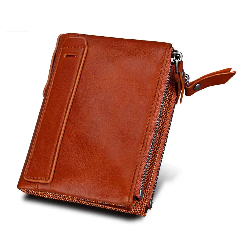 Hot Sale Crazy Horse Cowhide RFID Anti-theft Genuine Leather Short Men's Wallet Double Zipper Coin Purse